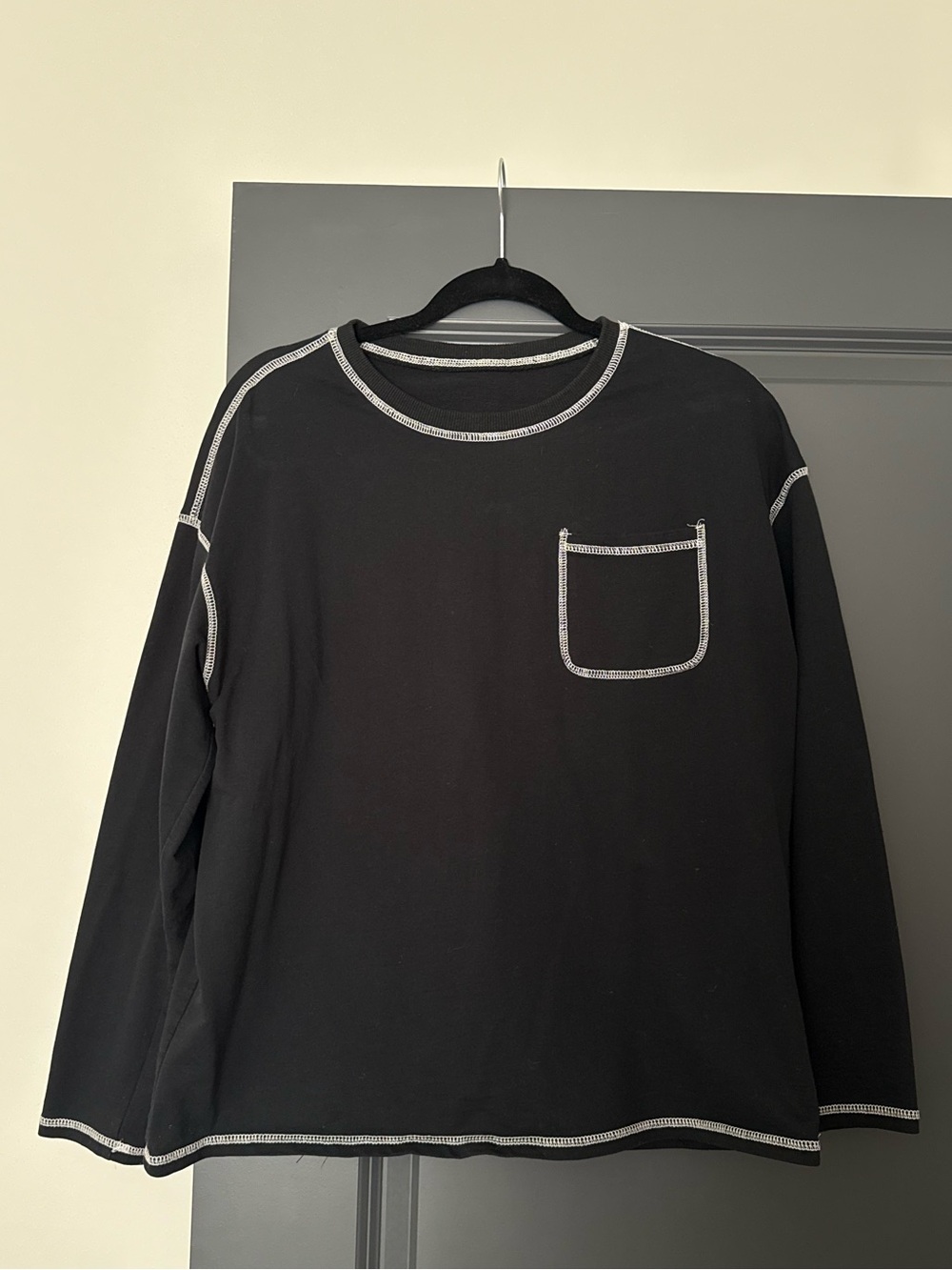 Black Long-Sleeve Tee with Contrast Stitching — Large